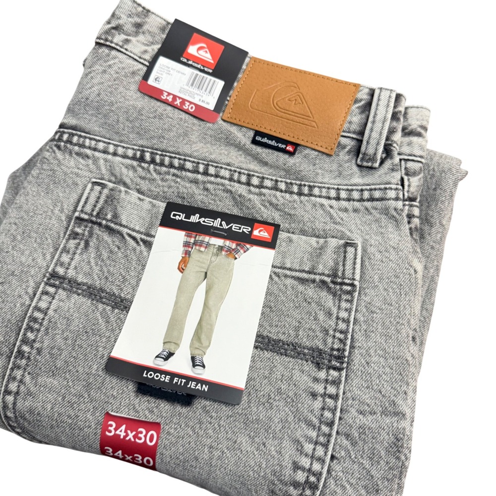 Quiksilver Mens Loose Fit Jeans 34x30* Light Grey Acid Wash Denim‎ Skater New